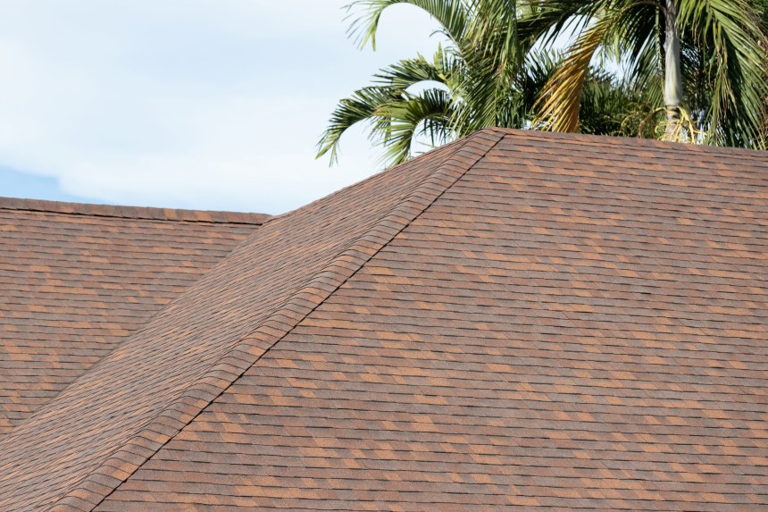 Close up of brown colored shingles on a residential home with a Florida palm tree in background